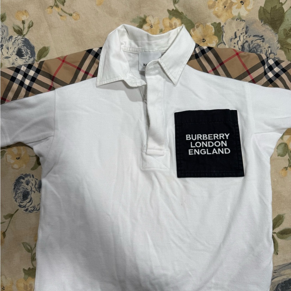 Burberry White Polo with Nova Check Shoulder Panels and Black Chest Pocket